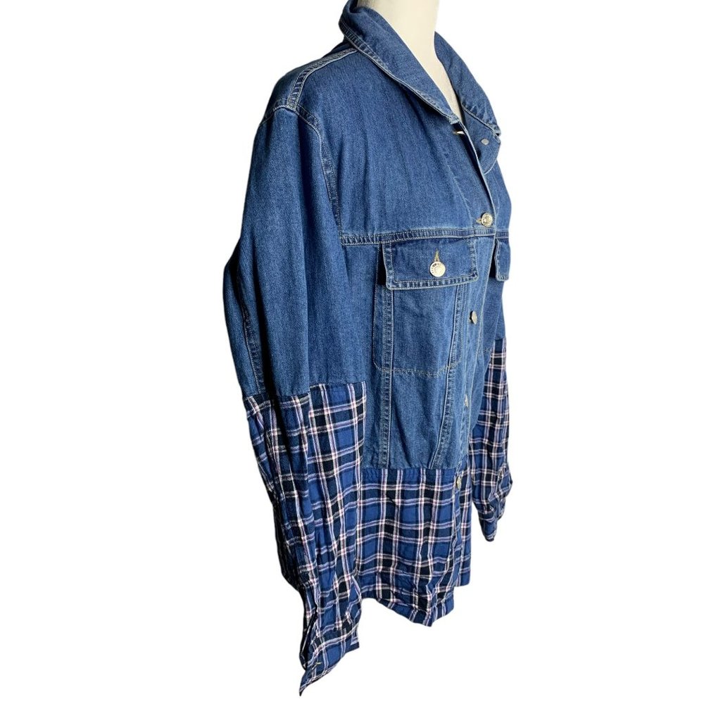 Mistress Rocks Enthuse Denim Jacket S Blue Plaid Oversized Button Up Pockets - Picture 6 of 7